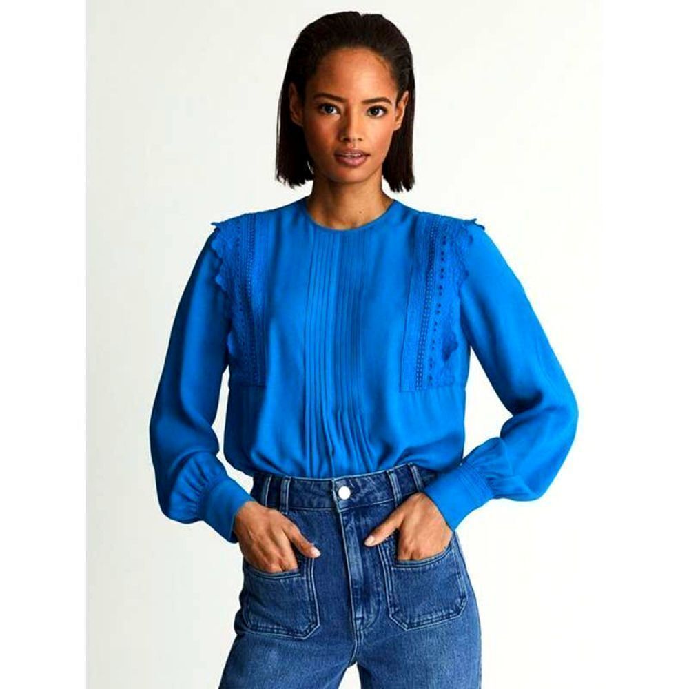 Reiss Bexley Pleated Embroidered ruffle Crepe Blouse top Size 0 blue cerulian